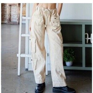 Oli & Hali Cream Streetwear Cargo Pants Drawstring Waist Utility JP0153 Large